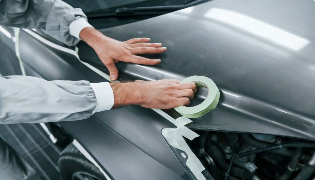 Hombre encintando lateral de un coche con cinta de carrocero
