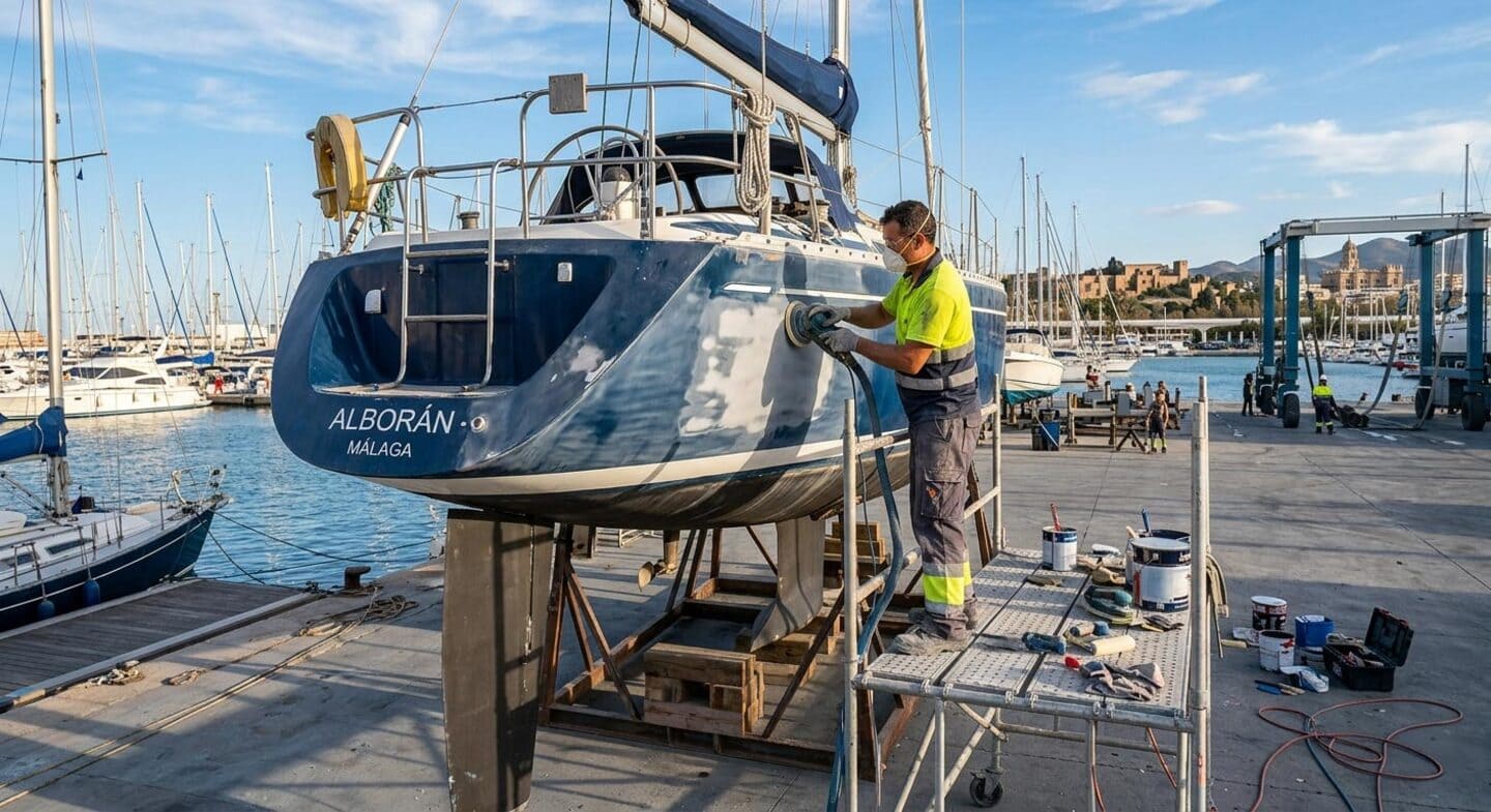 Hombre lijando la cubierta de un barco
